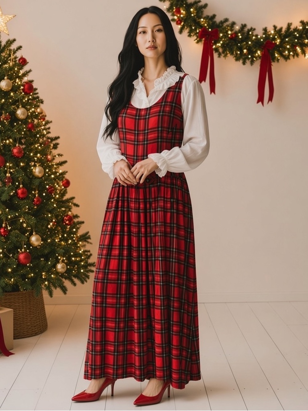 Vintage Red Plaid Maxi Dress with Scoop Neck